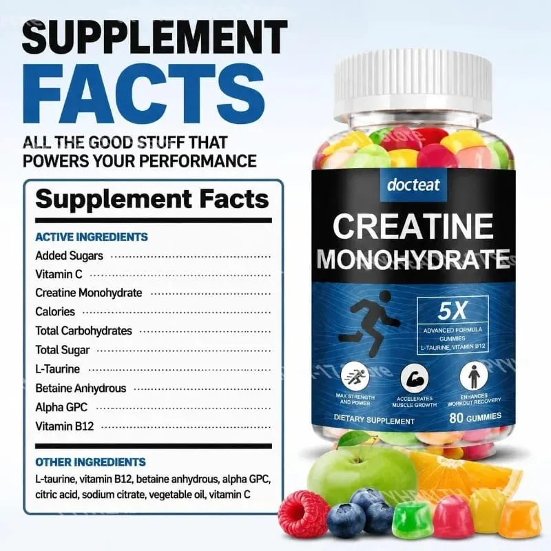 Docteat Creatine Monohydraat Gummies Kauwbaar voor kracht en kracht Ondersteunt spiergroei en trainingherstel 80 Gummies