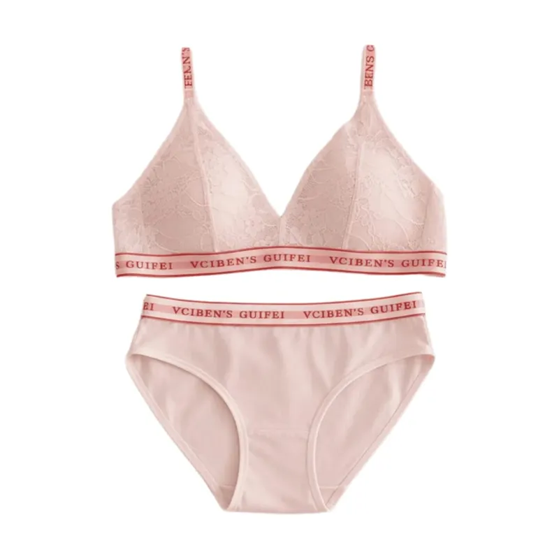 Bra Suit Letter Design Lingerie Set Lace Wireless Women Underwear Suit Deep V Color Blocking Bra Panties Set Pambabae