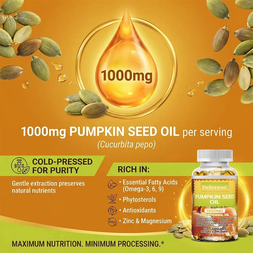 Capsule di olio di semi di zucca da 1000 mg supportano la prostata, la vescica urinaria e la salute dei capelli per gli uomini Salute cardiovascolare Non OGM — image 4