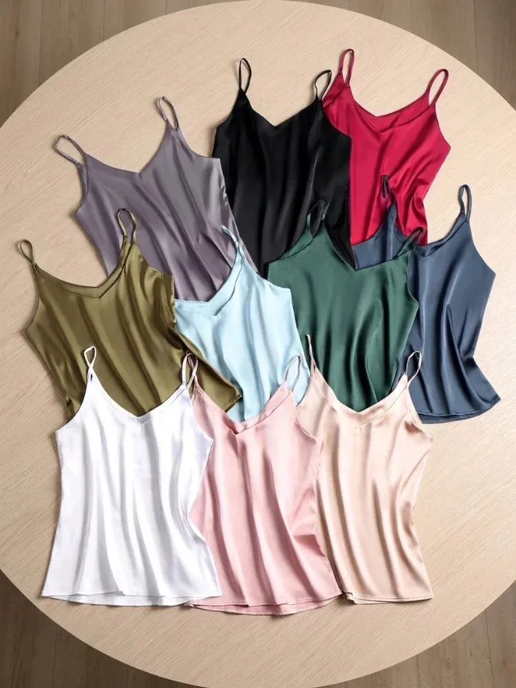 zjaiss Halter V-hals Basic White Cami 2026 Summer Spaghetti Strap Dame Tank Top Ærmeløs satin Silke Overdele Dame Camisole — image 8