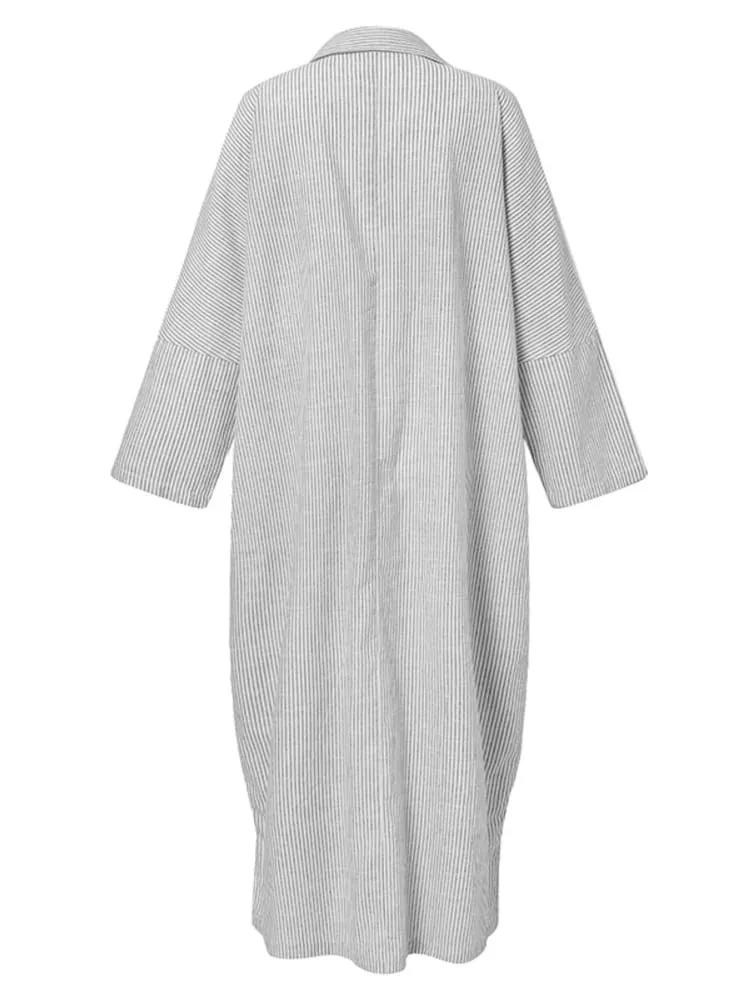 ZANZEA Gaun Sundress Pesta Pantai Motif Garis 2025 Gaun Kerah Lengan Panjang Wanita Bohemian Musim Semi Musim Gugur Gaun Kerah Longgar Kasual Mode — image 6