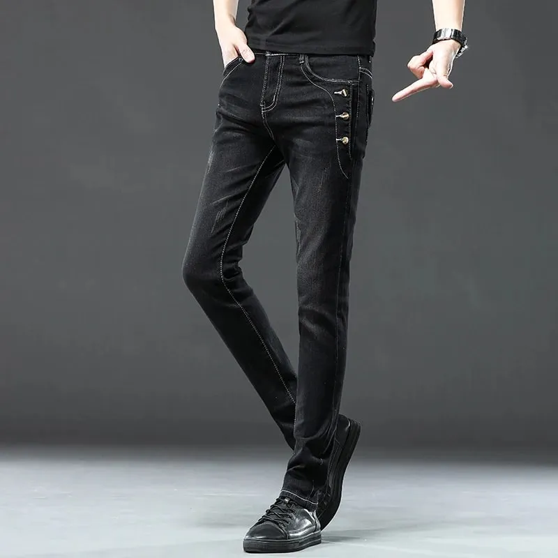 Nye mænd slanke, koreanske knap jeans, sorte skinny ensfarvede strækbare multi-knap, unge mandlige denimbukser Streetwear — image 6