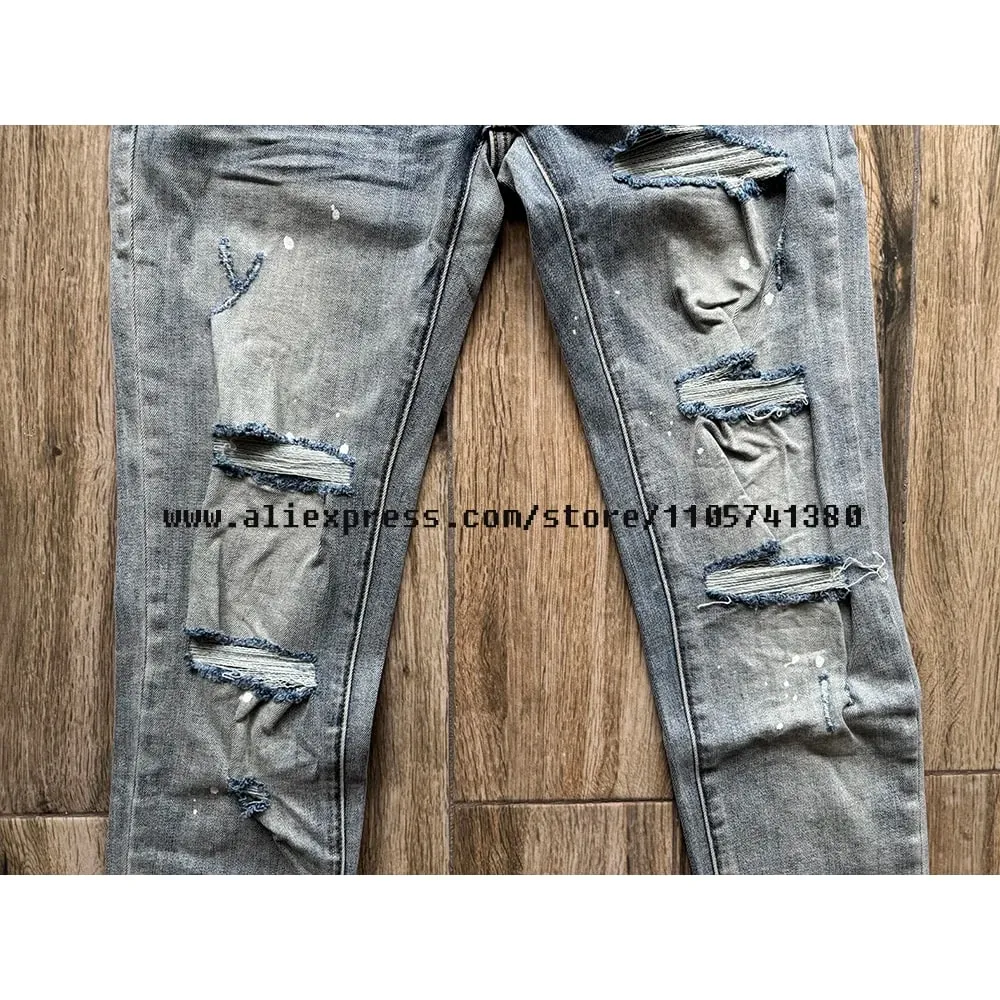 American High Street Quality Zoufalé Prané Světle Modré Zničené dírky Natahovací Skinny & Slim Fit Roztrhané džíny nastříkané sprejem