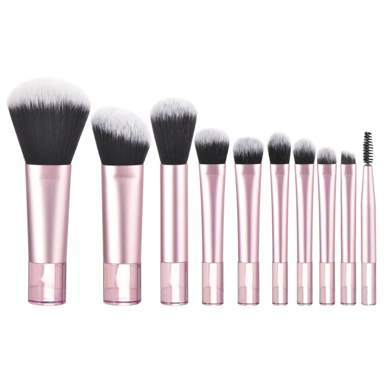 10 Mini pennelli per trucco rosa da viaggio Strumenti per trucco portatili Puff per trucco - Set di strumenti per trucco professionale con pennelli per palmo