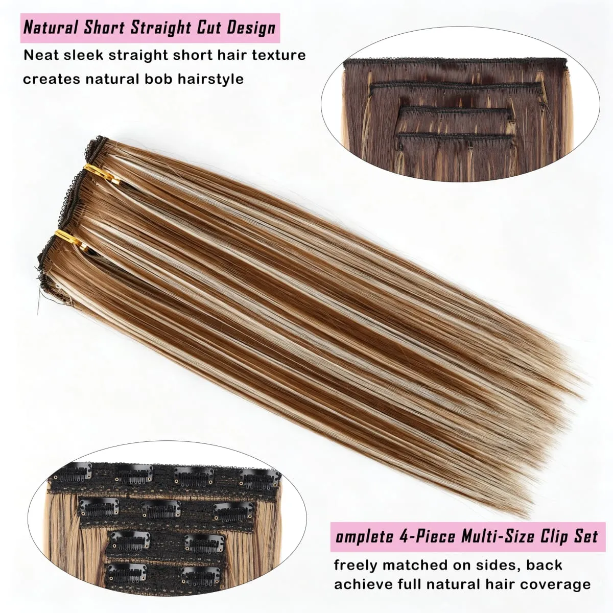 12 นิ้วตรงคลิปในส่วนขยายของผม 4 ชิ้น/เซ็ตเต็มหัวสั้นสังเคราะห์ Highlight Hair Extensions สำหรับผู้หญิง — image 4