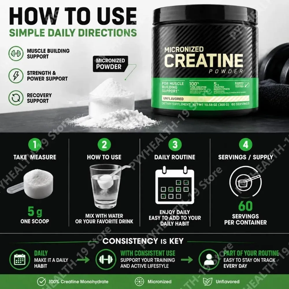 Creatina monoidrato micronizzata in polvere pura e non aromatizzata per lo sviluppo muscolare, forza, potenza e supporto per il recupero, adulti 300 g