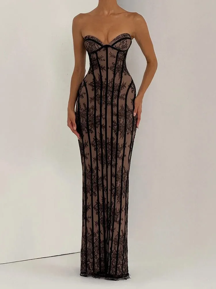 Women Backless Strapless Tulle Fishbone Dress Off Shoulder Printed Patchwork Slim Maxi Dresses 2026 Lady Chic Party Evening Gown — image 4