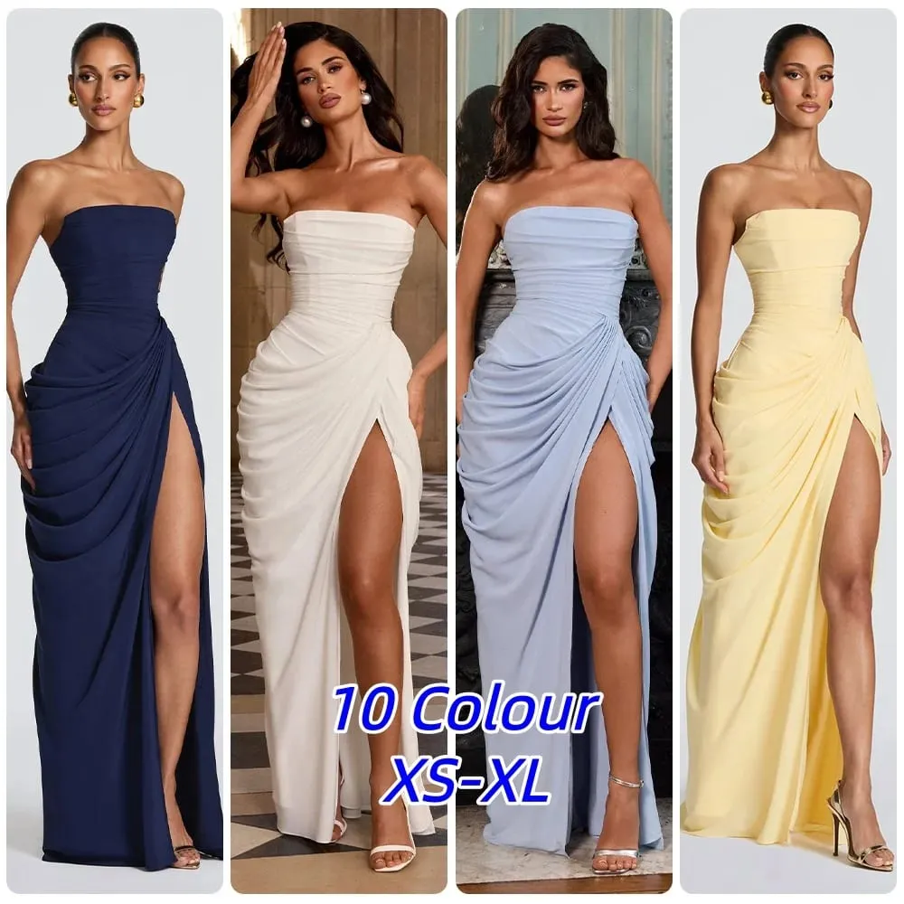 Seksi Pepejal Pleated Strapless Dress Wanita Chic Off-shoulder Backless High Waist Split Dresses Wanita 2026 Baharu Gaun Pesta Petang — image 2