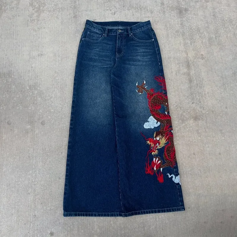 Ricamo Dragon Graffiti blu scuro jeans larghi larghi a gamba larga in difficoltà Y2K vita alta uomo donna vintage casual quotidiano streetwear — image 2