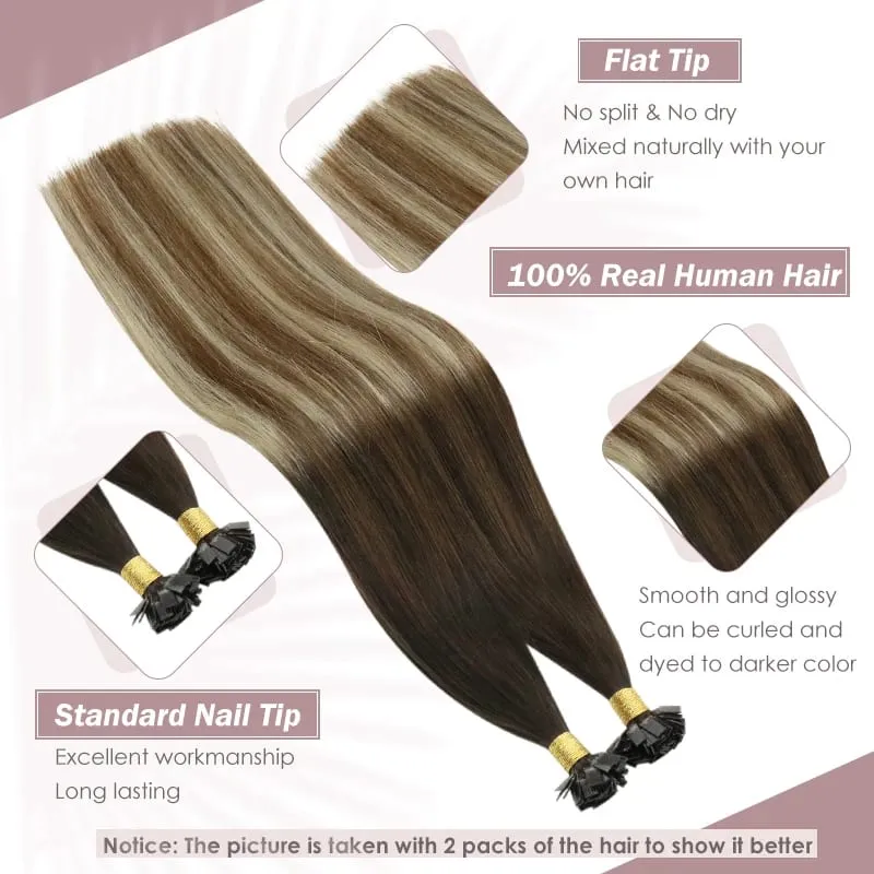 Ugeat FLAT TIP ต่อผมมนุษย์ผม Pre-Bonded Hair Extensions 14-24 "Keratin FLAT Human Hair balayage สีผม 1g/1 S — image 2