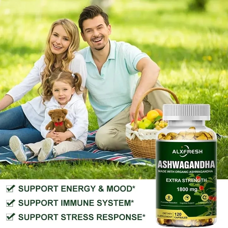 Alxfresh Pure Organic Ashwagandha Root Extract Capsule 1800mg Supplement Help Stress Focus Brain Energy Support Sleep Health