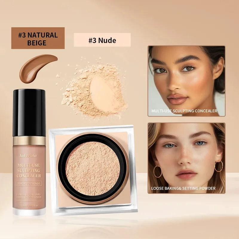 Set Solekan Wajah 2pcs Dengan Concealer dan Bedak Tetapan Longgar Wajah Asli Licin Matte Kemasan Kosmetik Wanita Makeup Korea