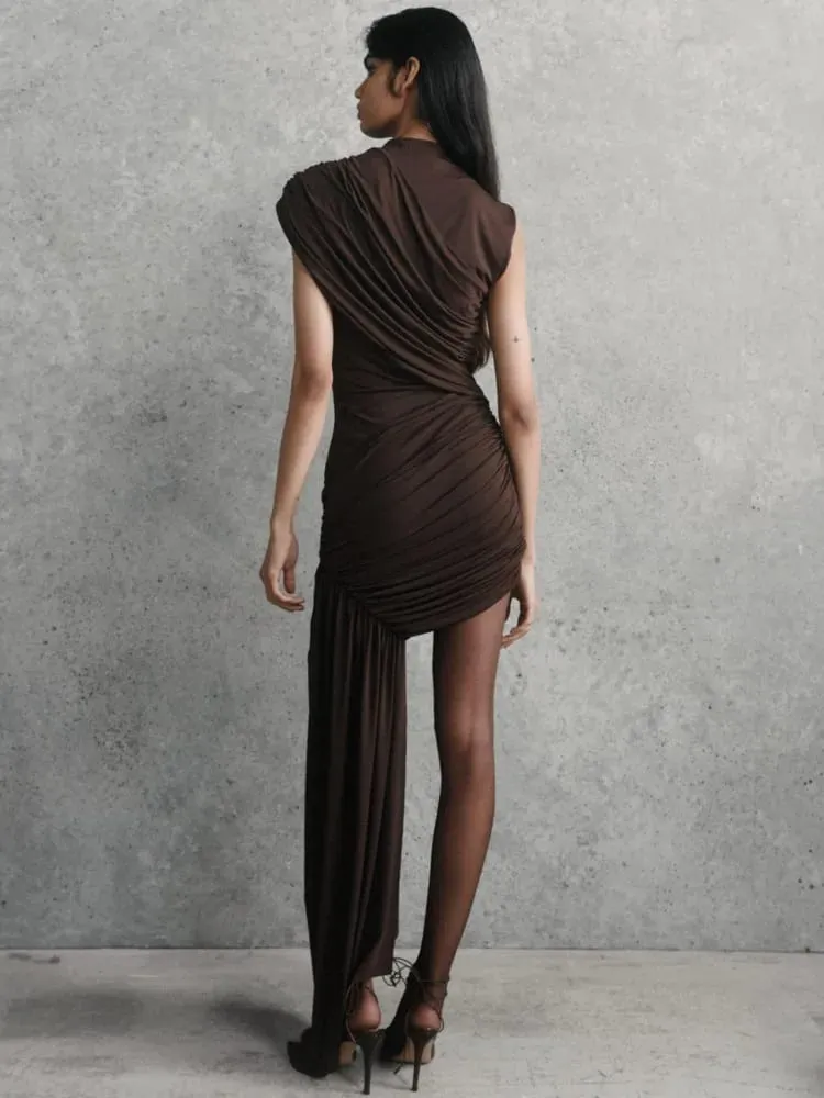 Mozision Irregular Draped Ruched Sexy Mini Dress For Women Elegant Turtleneck Sleeveless High Waist Pleated Club Party Dress — image 4