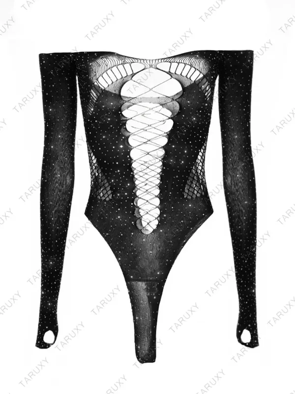 ดูผ่าน Sparkly ตาข่ายบอดี้สูทผู้หญิงแขนยาว Rhinestone Body Tops เจาะร้อนหญิงปาร์ตี้ไนท์คลับเซ็กซี่ชุดชั้นใน — image 8