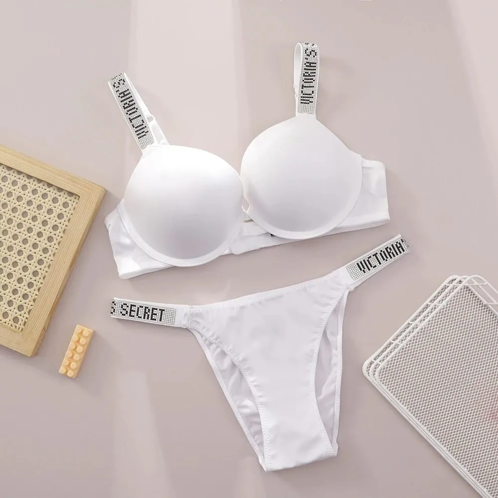 Victoria Secret Shine Script Perizoma Mutandine Molto sexy Logo Shine Strap Reggiseno push up Set Lingerie sexy da donna Hot — image 2