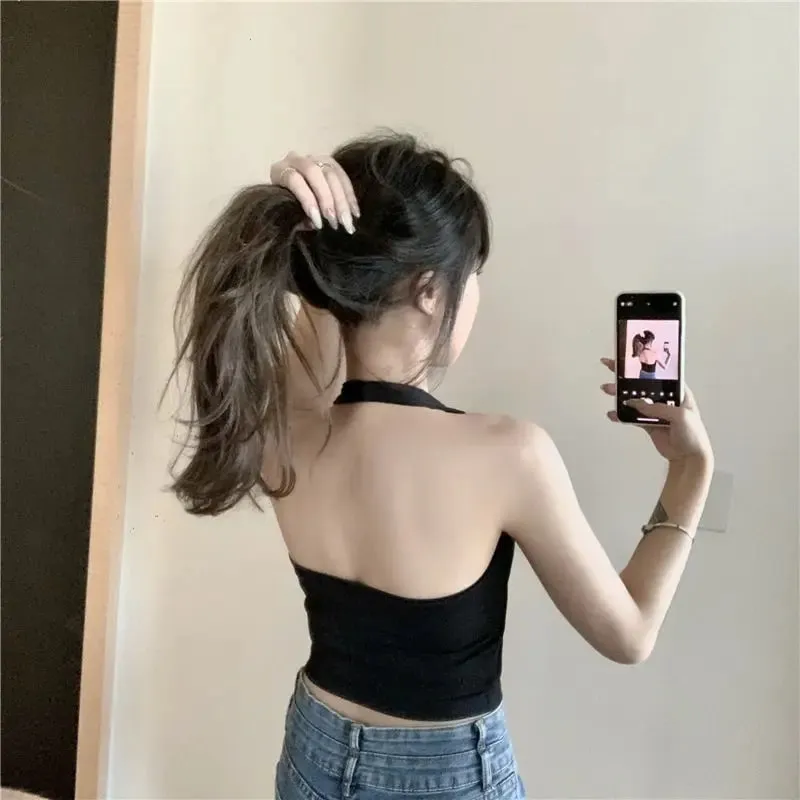 Halter สปาเก็ตตี้สายรัดสำหรับผู้หญิงที่มี Bra Padding ด้านในสวมใส่ด้านนอกสวมใส่ความงามเซ็กซี่กลับ Tanks Top
