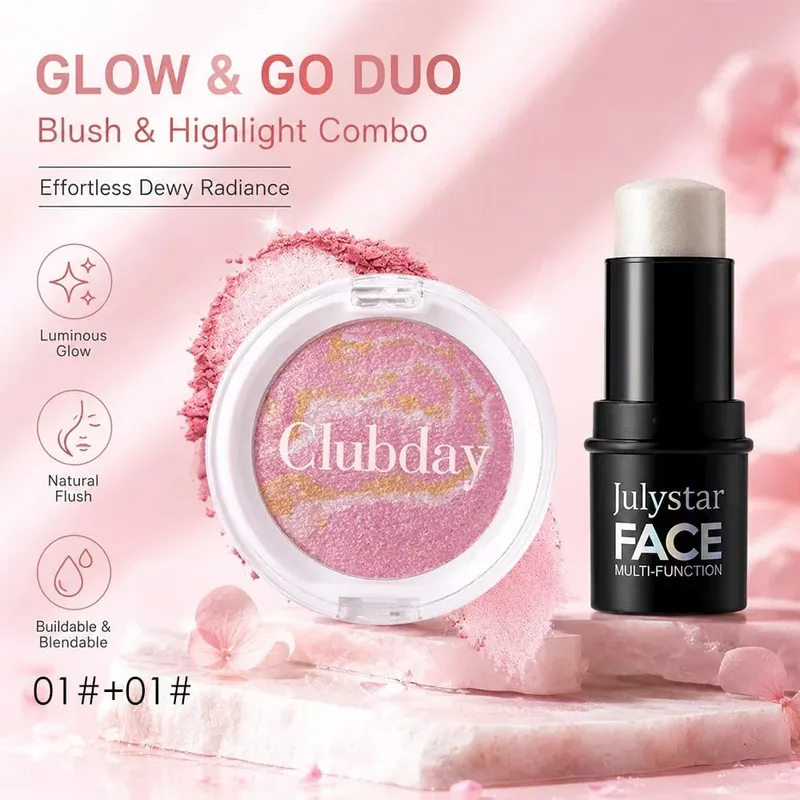 Ensemble combiné fard à joues et reflets, finition rosée lumineuse, couleur modulable, tenue longue durée pour un maquillage naturel et éclatant du visage — image 6