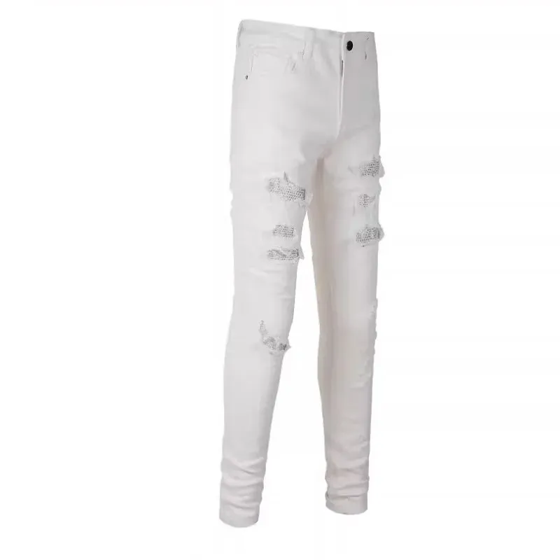 Diamant-besat vasket Ripped Patch Patchwork Hot Diamond Jeans Beggar Pants Mænd — image 6