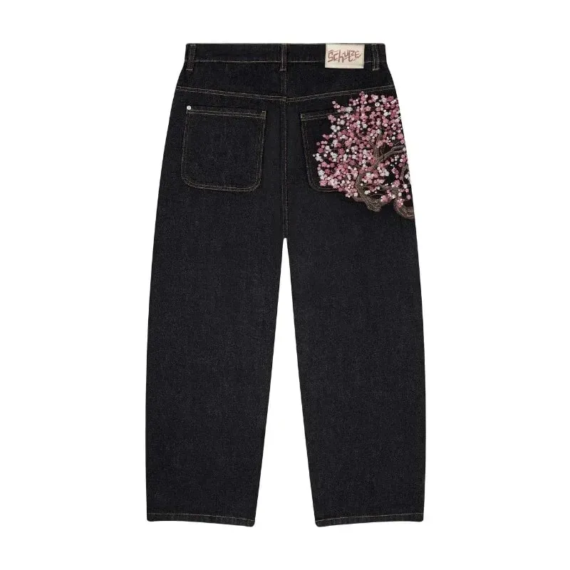 Y2K Baggy Jeans Cherry Blossom Embroidery Denim Pants Men Women American Hiphop Streetwear Wide Leg Denim Trousers — image 7