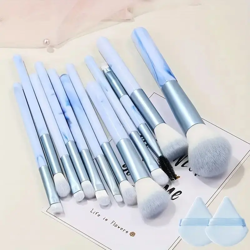 12Pcs Blue Makeup Brushes Set Professional Foundation Powder Blending Blush Concealer Synthetic Fiber Bristles Brush