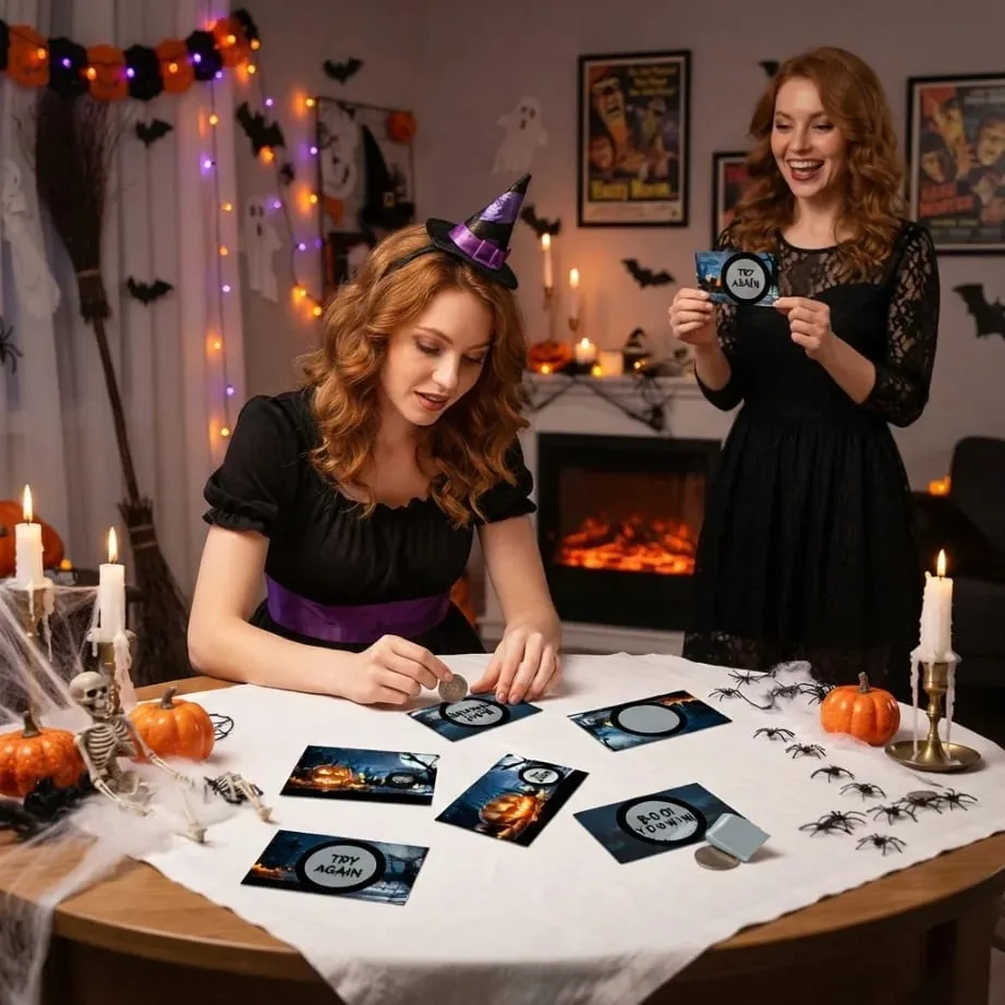 50 cartes à gratter Halloween : grattez pour gagner et débloquer des prix ; parfait pour les activités interactives sur le thème d’Halloween.