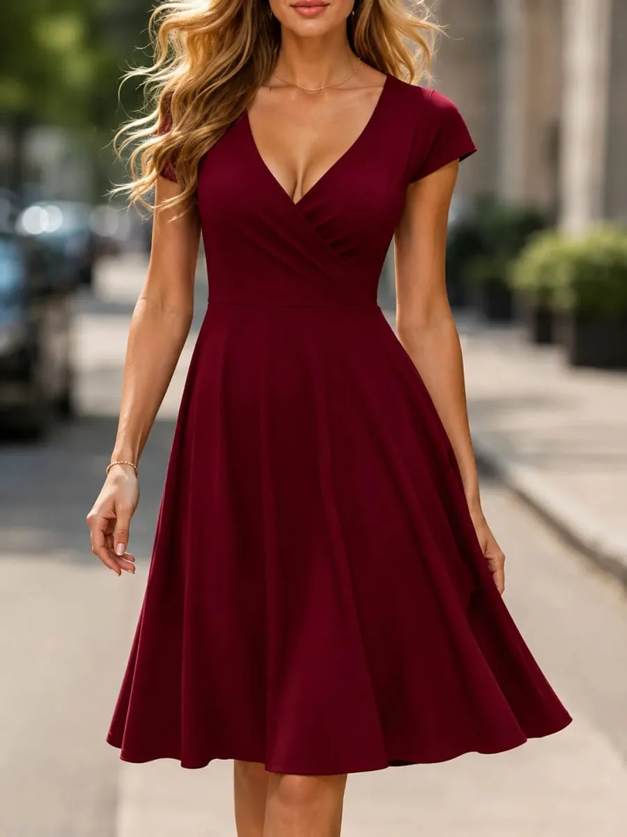 Damen-Kleid, elegant, Rundhalsausschnitt, Sommer, kurzärmelig, einfarbig, A-Linie, knielang, Kleid mit hoher Taille, für Party, Hochzeit, lässiger Abgang — image 4