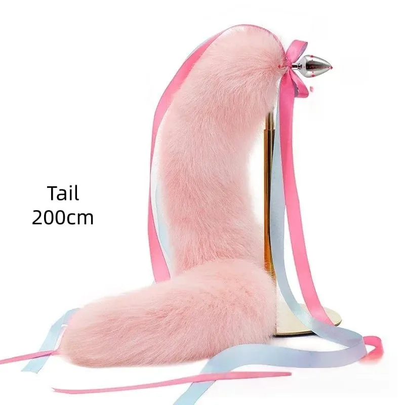 200 cm měkký anální kolík z pravé kožešiny Fox ocas s děleným designem kovový anální kolík pro ženy Cosplay Kostýmy Flirt Smyslové sexuální hračky — image 9