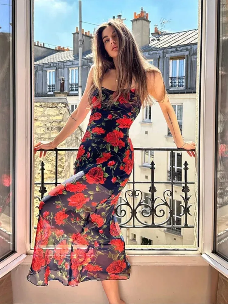 Flowers Print Spaghetti Strap Dresses Women Temperament Package Hip Bodycon Long Dress Fashion Sexy Backless Lady Slim Vestidos — image 2