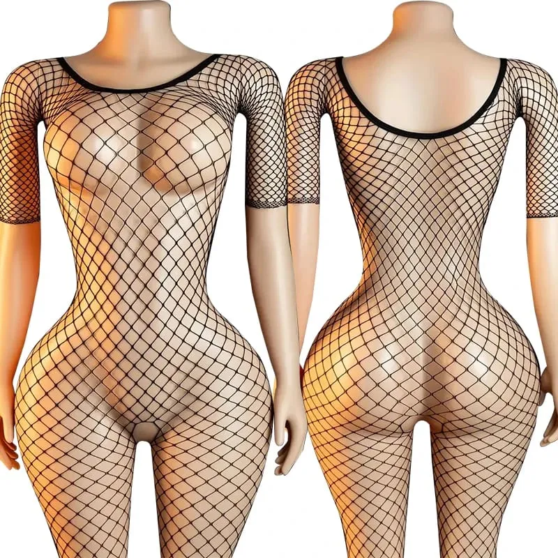 블랙 Fishnet 오프 어깨 오픈 가랑이 Bodystocking 란제리 세트 섹시한 가랑이없는 테디 브래지어 여성의 에로 속옷 — image 11