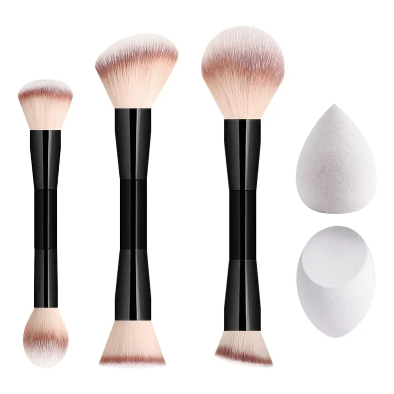 5 Buah Set Alat Rias 3 Kuas Ujung Ganda 2 Spons Kecantikan untuk Kit Kosmetik Wajah Kontur Foundation Blush