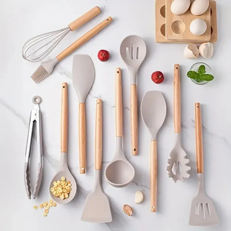 12pcs Set Pemegang Kayu Silikon Pelbagai Warna Set Peralatan Dapur Tidak Melekat Spatula Periuk dan Sudu Peralatan Memasak Tahan haba