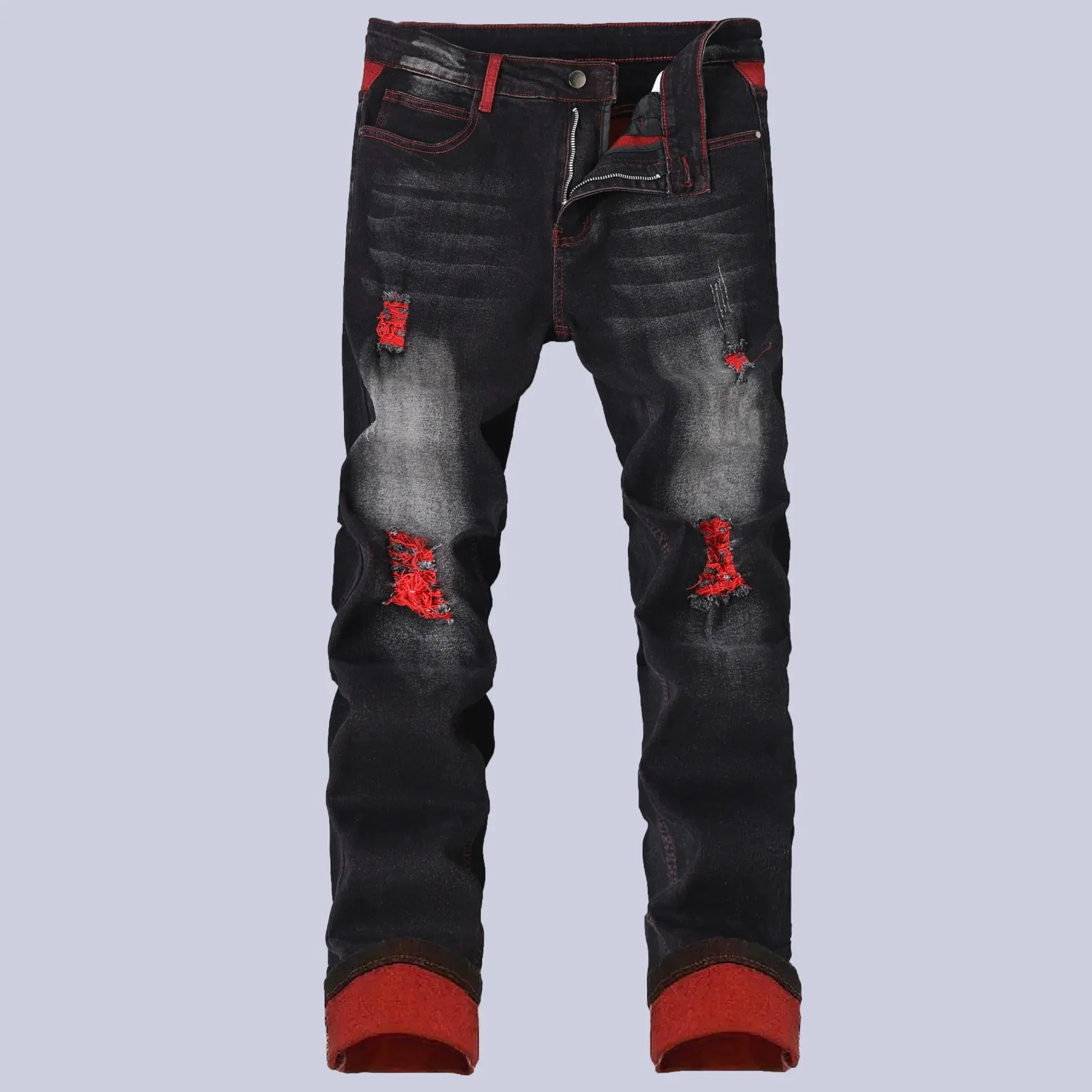 Jeans elasticizzati neri da uomo per pantaloni in denim primaverili e autunnali con dettagli strappati rossi, taglie asiatiche 28-42. — image 7