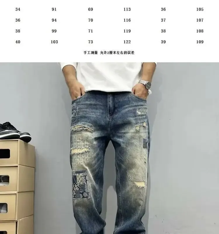 Baggy Jeans Vintage Distressed Patchwork Jeans Herren Gerade Lose High Street Hip-Hop Lange Hosen Herrenbekleidung Jeans für Männer — image 8