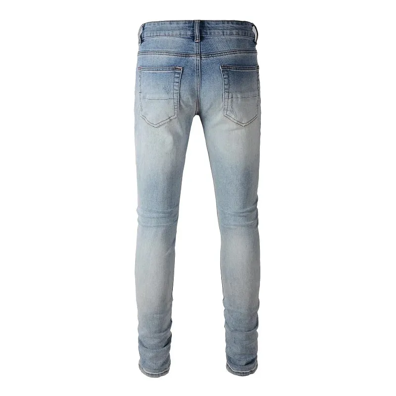 Jeans Denim Patch Kristal Lelaki Streetwear Seluar Stretch Patchwork Biru Koyak Seluar Tirus Kurus Bermasalah — image 2