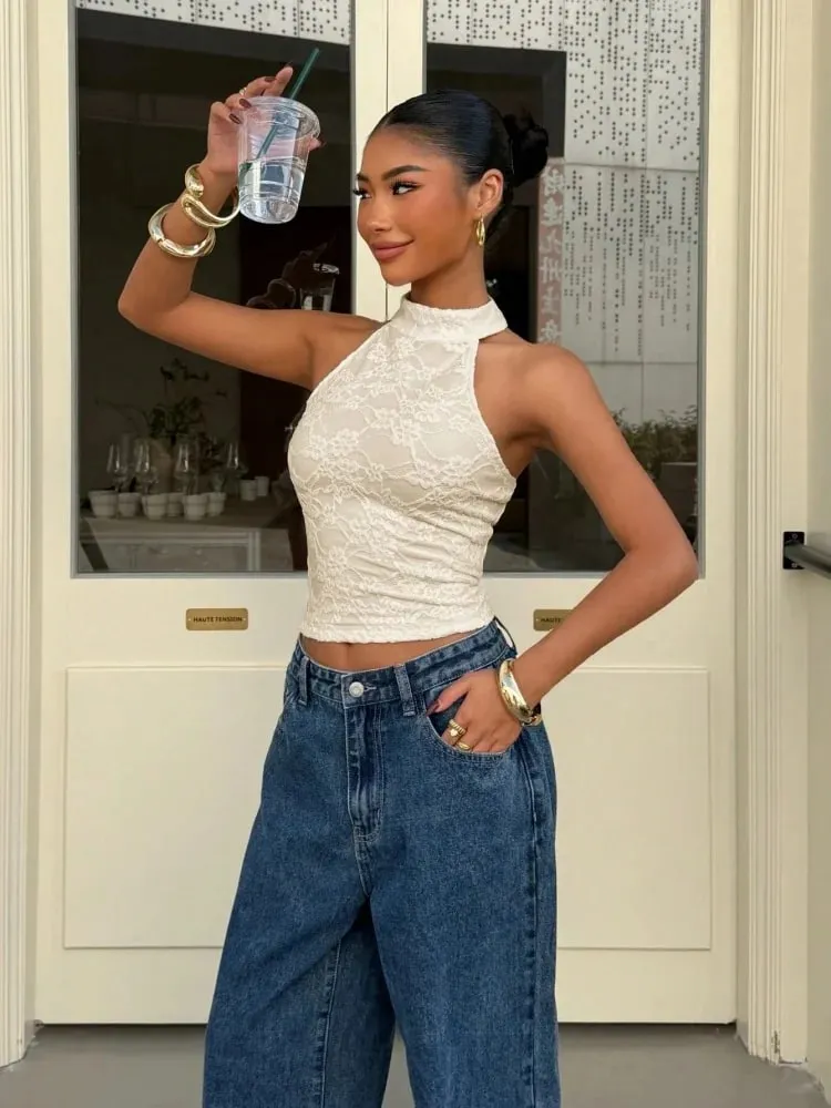 Wanita Seksi Putih Renda Leher Tinggi Halter Butang Belakang Tanpa Belakang Slim Fit Crop Top Kasual Percutian Harian Musim Panas 2026 — image 3
