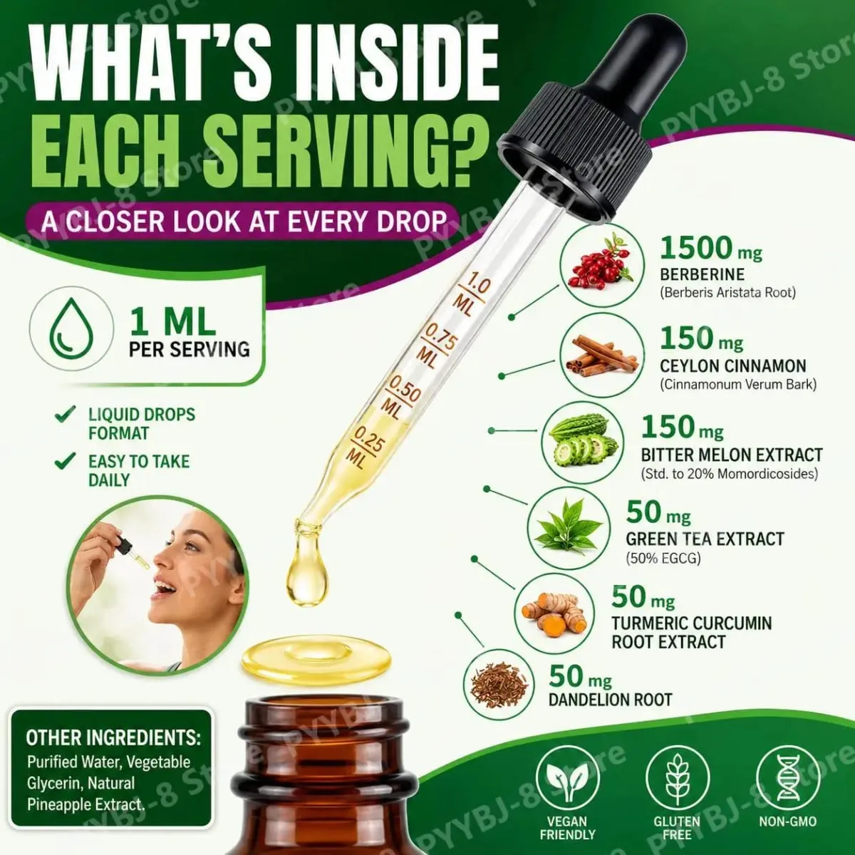 Holmanlabs Berberine Liquid Drops with Ceylon Cinnamon and Bitter Melon Digestive Health Support 1500 Mg Vegan Non-GMO 60 ML — image 4