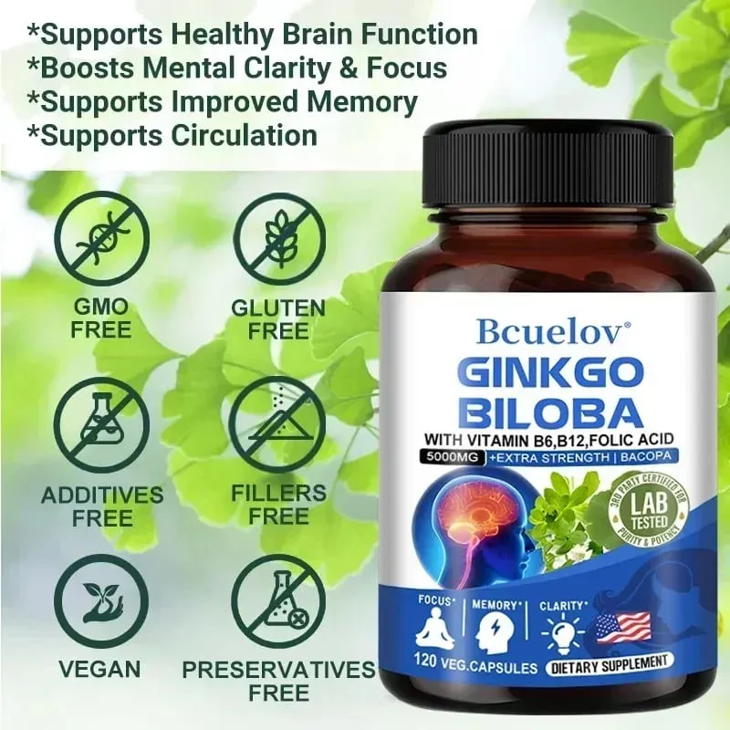 Ginkgo Biloba 5000 mg Extra Fuerte - Apoya la función cerebral y el enfoque de la memoria Alivio del estrés 120 cápsulas vegetales — image 6