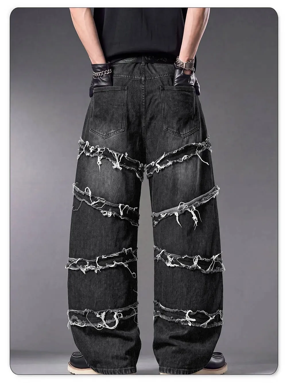 Gothic baggy jeans til mænd, rå flosset kant, dekonstrueret patchwork denimbukser med brede ben Y2K Punk Streetwear-bukser