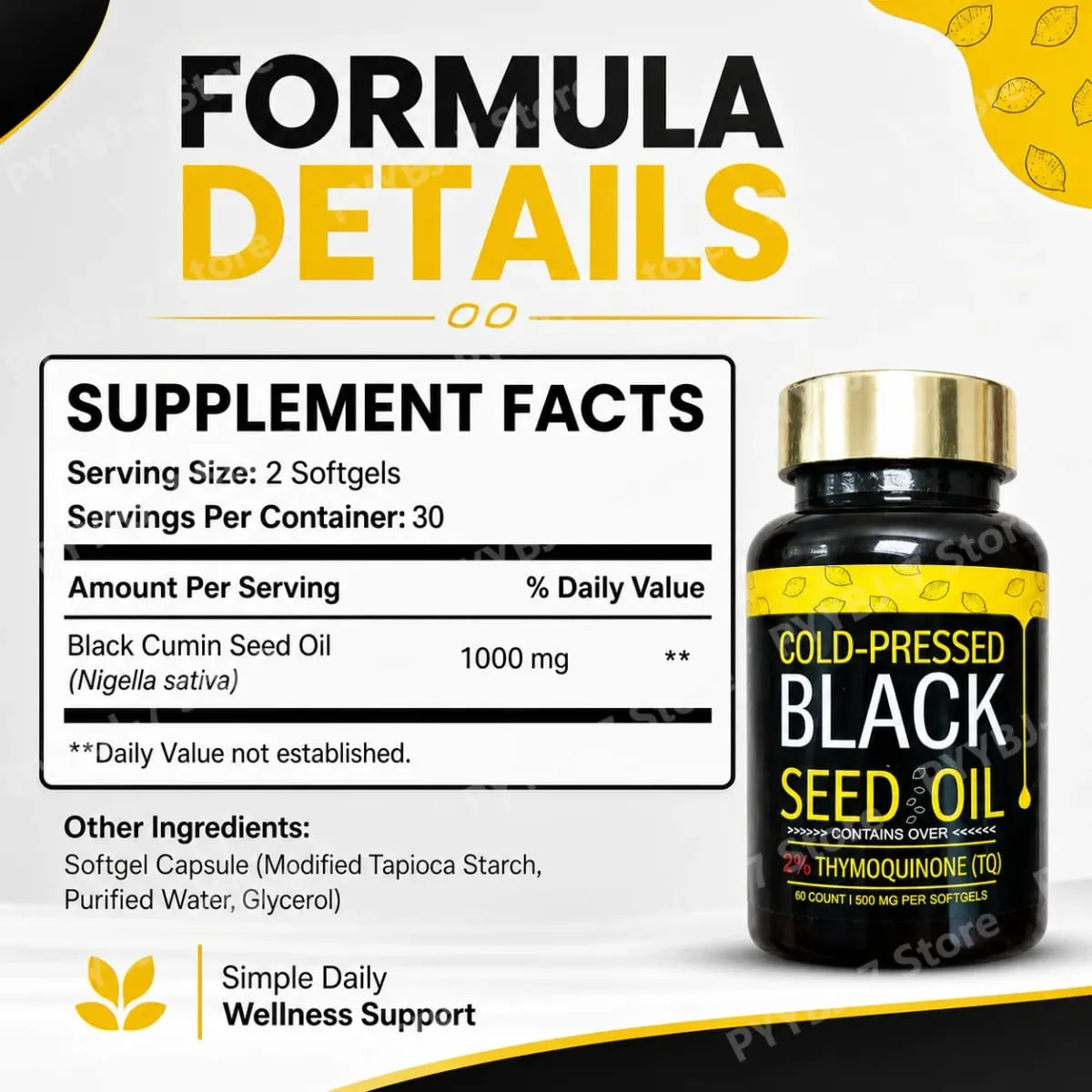 Black Seed Oil Capsules Cold Pressed Contain 1000mg Natural Nigella Sativa Oil – Daily Herbal Supplement 60 Count Per Bottle — image 5