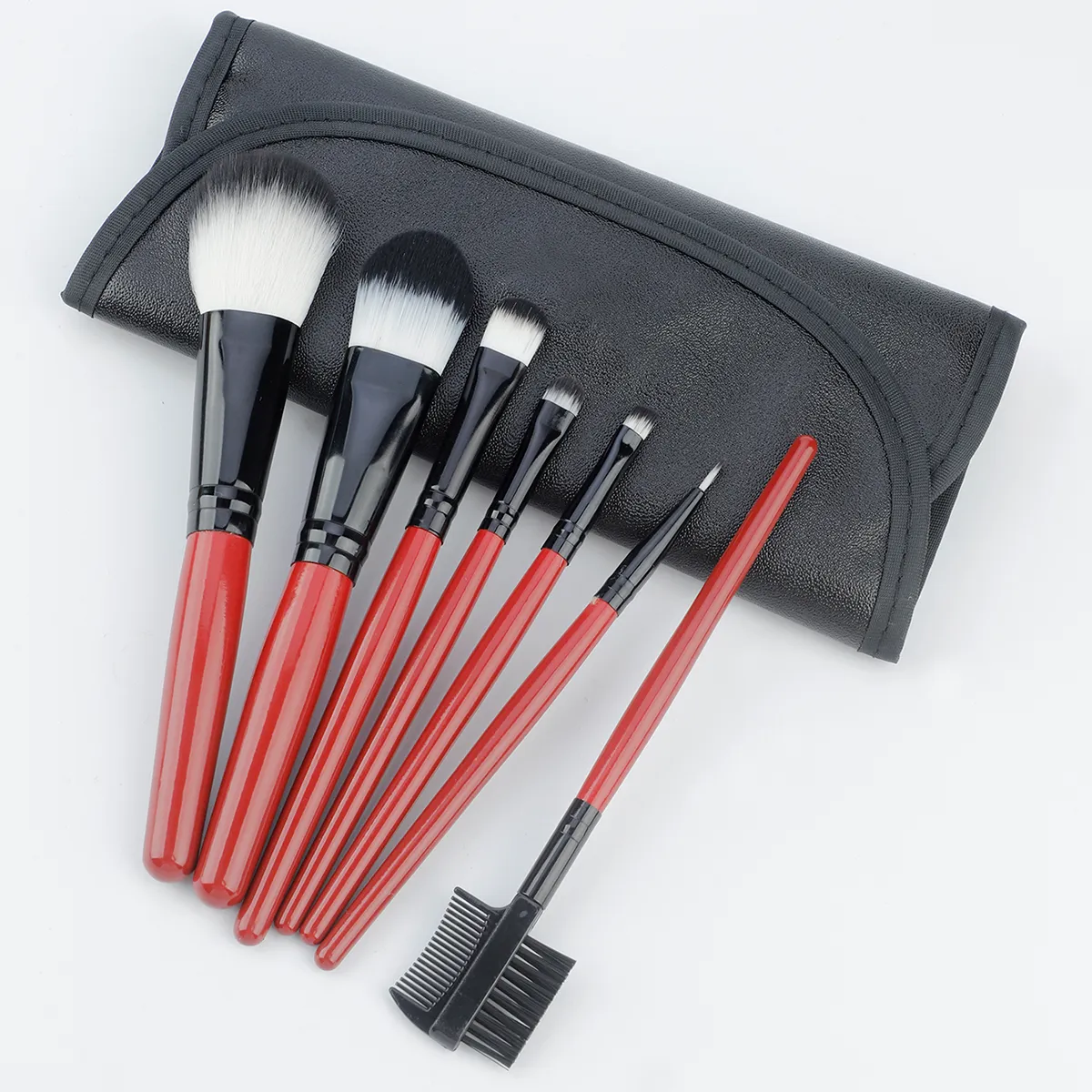 Conjunto de pincéis de maquiagem com cabo vermelho vinho, 7 peças, com bolsa de armazenamento de couro pu, cerdas macias, pó, blush, sombra, kit de pincéis cosméticos — image 6