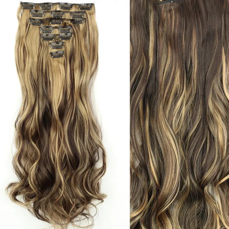16 Clips 7Pcs/Set Hair Extensions Long Wavy Hairstyle Natural Synthetic Black Blonde Hairpieces Heat Resistant For Women — image 14