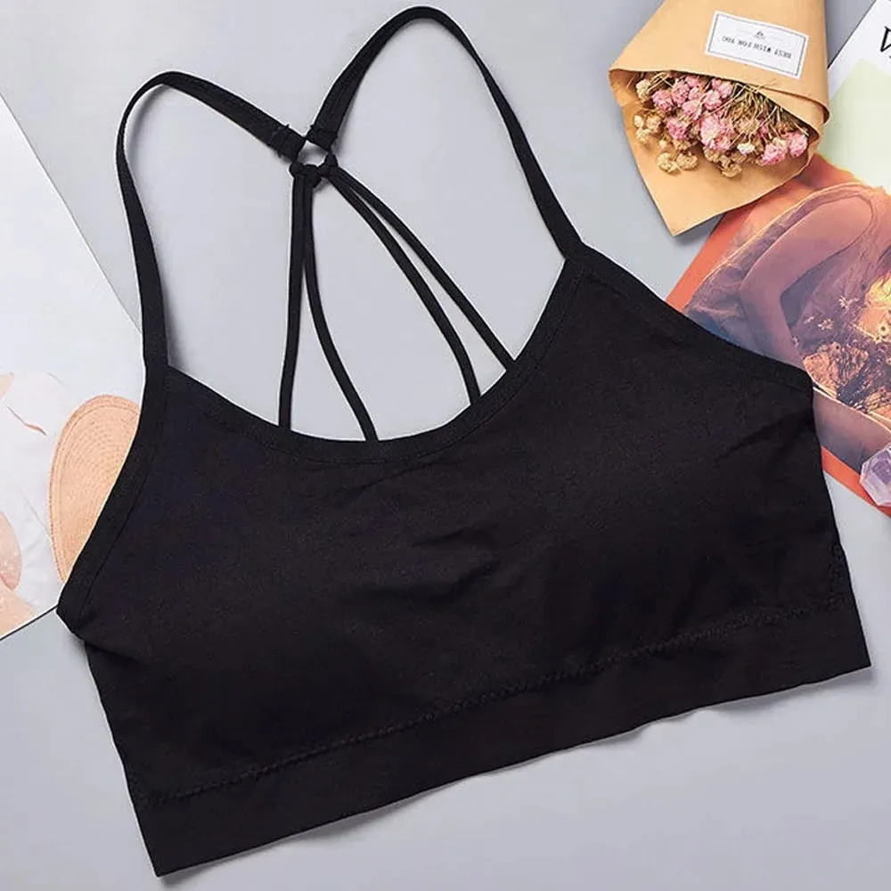 Pakaian Aktif Senaman Selesa Tanpa Pakaian Dalam Sukan Underwire Wanita Yoga Fitness Seamless Crop Top Wide Letter