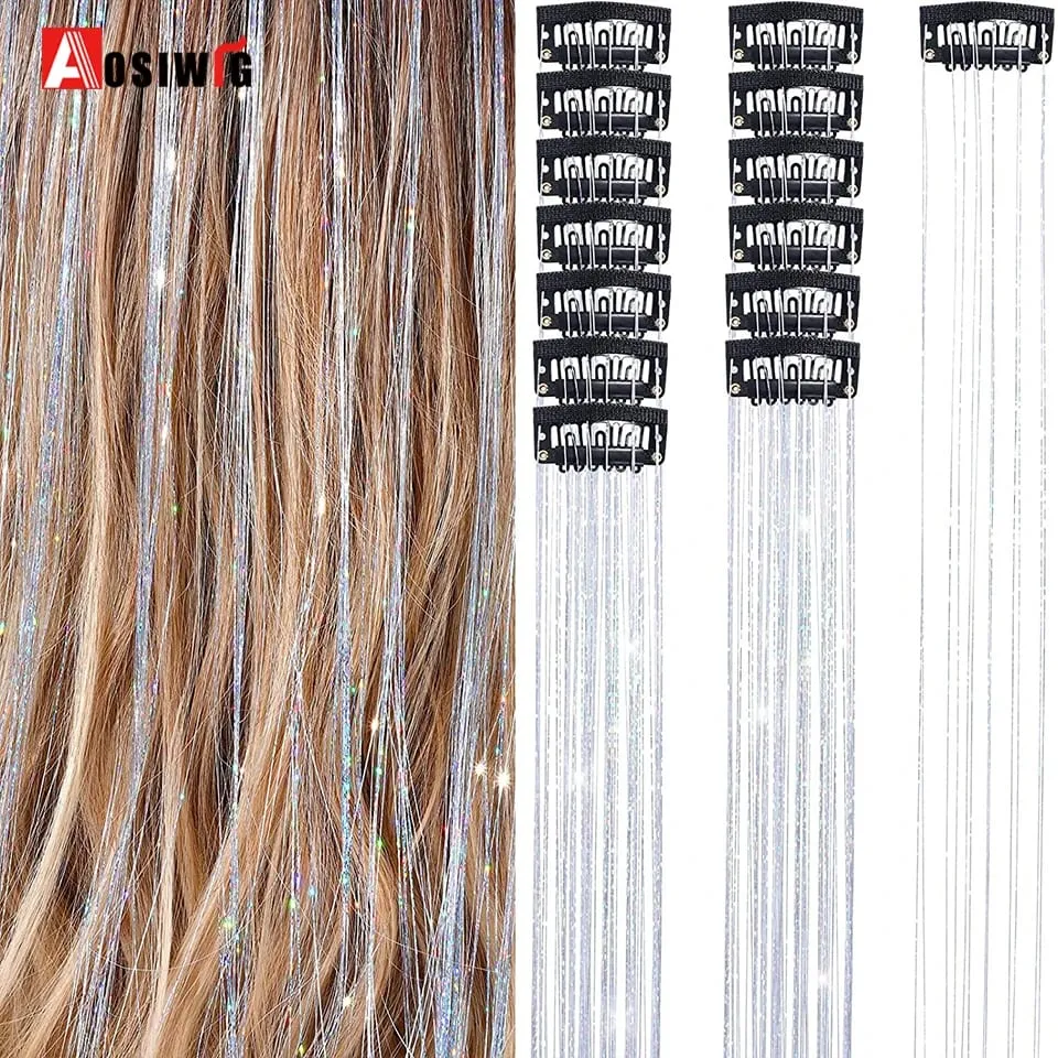 12 pièces/paquet Extensions de cheveux blonds scintillants pince en arc-en-ciel brillant étincelant guirlandes de cheveux résistant à la chaleur étincelle Extensions de cheveux pour W — image 8