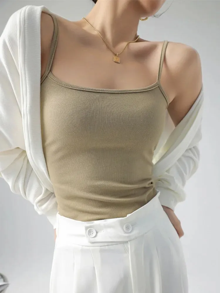 Letní základní tílka Špagetový pásek Camis Pevné strečové topy pro ženy Bez rukávů Slim Fit Basic Pevná pletená košilka — image 6