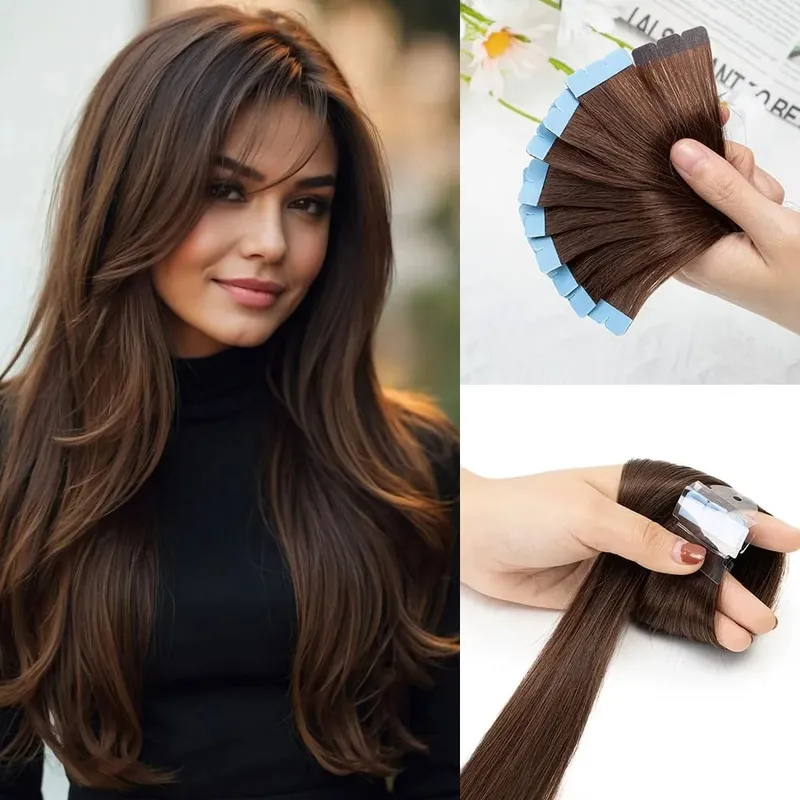 Pita Mini dalam Sambungan Rambut Manusia Sebelah Dua Pita Lancar Tidak Kelihatan dalam Rambut 10pcs/set Asli Lurus Hitam Coklat Berambut perang — image 11