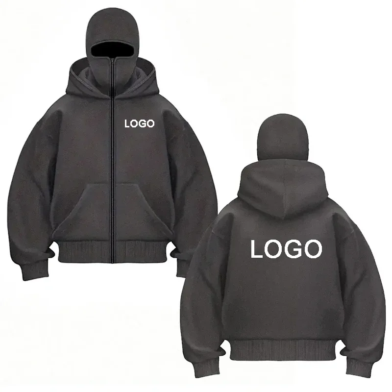 Desain DIY Hoodie Ritsleting Berkerudung Ganda Kaus Ritsleting Lengan Panjang Cetak Kustom Pria Jaket Pullover Masker Ninja Wanita — image 5