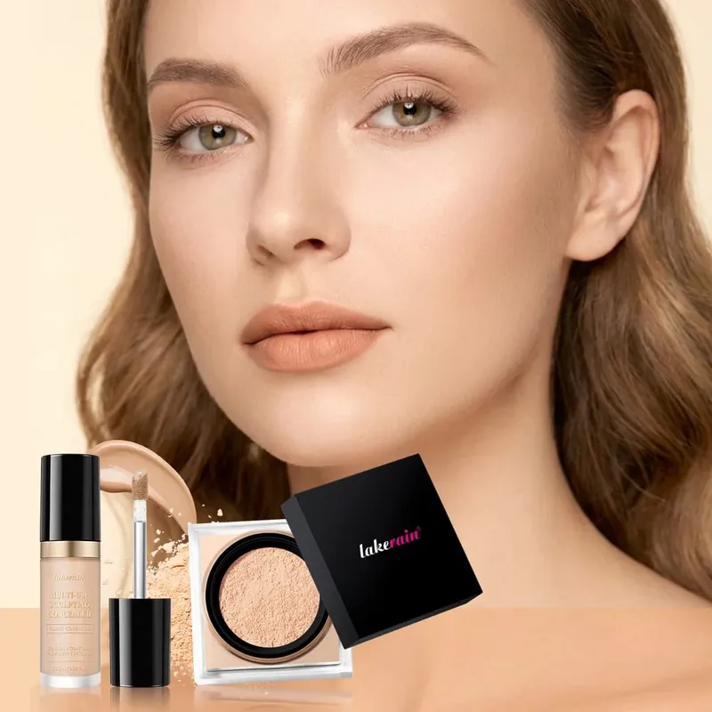 Set Solekan Wajah 2pcs Dengan Concealer dan Bedak Tetapan Longgar Wajah Asli Licin Matte Kemasan Kosmetik Wanita Makeup Korea