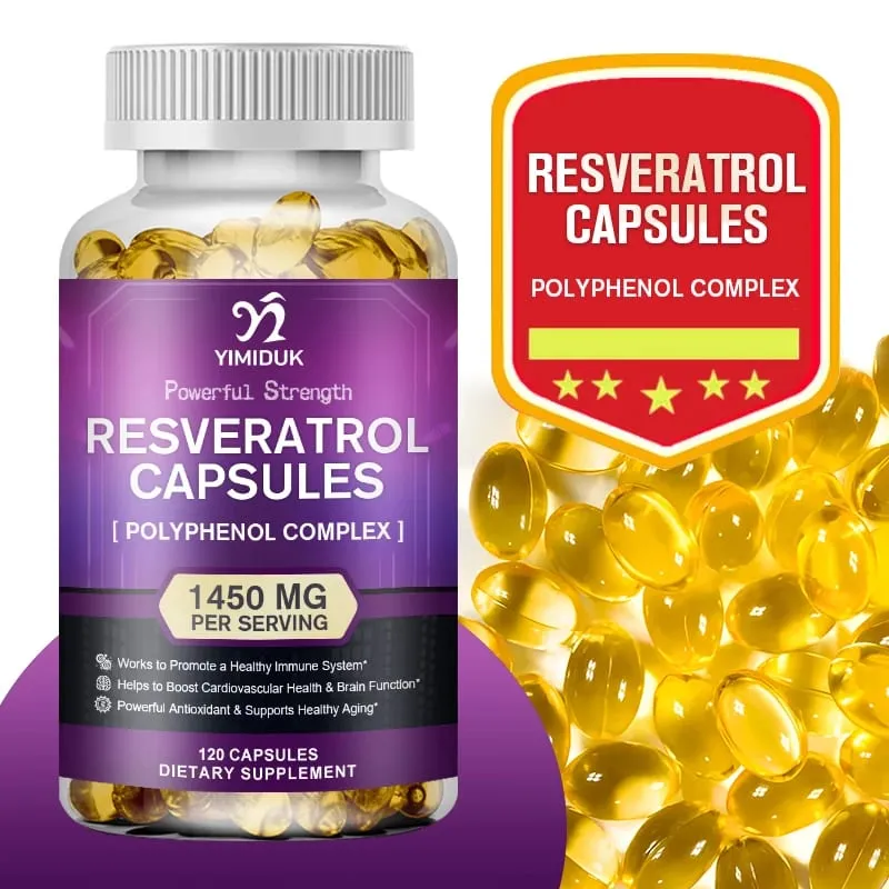 Resveratrol 1450mg Suplemen Antioksidan Trans-Resveratrol Menyokong Penghadaman Kardiovaskular Kesihatan Bersama & Sistem Imun — image 1