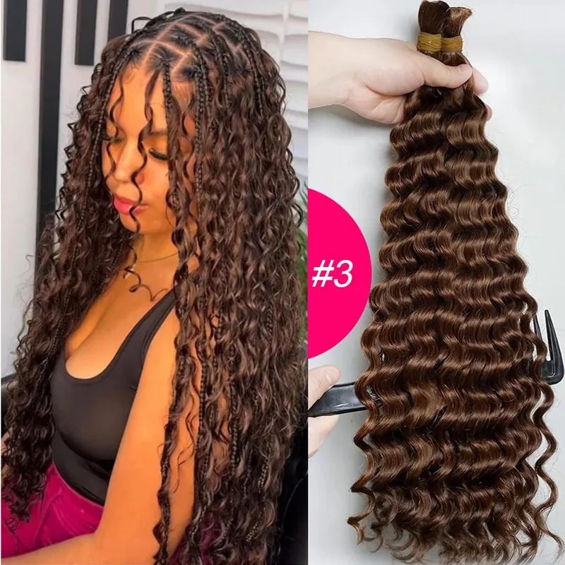 4 # Chocoladebruin Diepe Golf Bulk Menselijk Haar voor Boho Vlechten Krullend Vlechthaar 18-30 inch Remy haarbundel Braziliaans — image 10