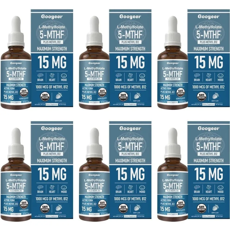 Googeer L-metilfolato 5-MTHF gocce liquide con metil B12 15 mg 1000 mcg Forza massima Cuore Cervello Supporto per l'umore 60 ml — image 12